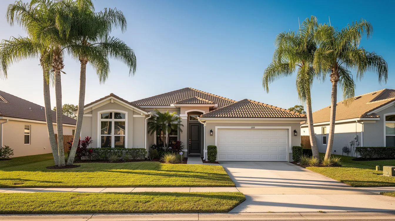 Single-story suburban house with palm trees, manicured lawn, and a two-car garage in bright sunlight
