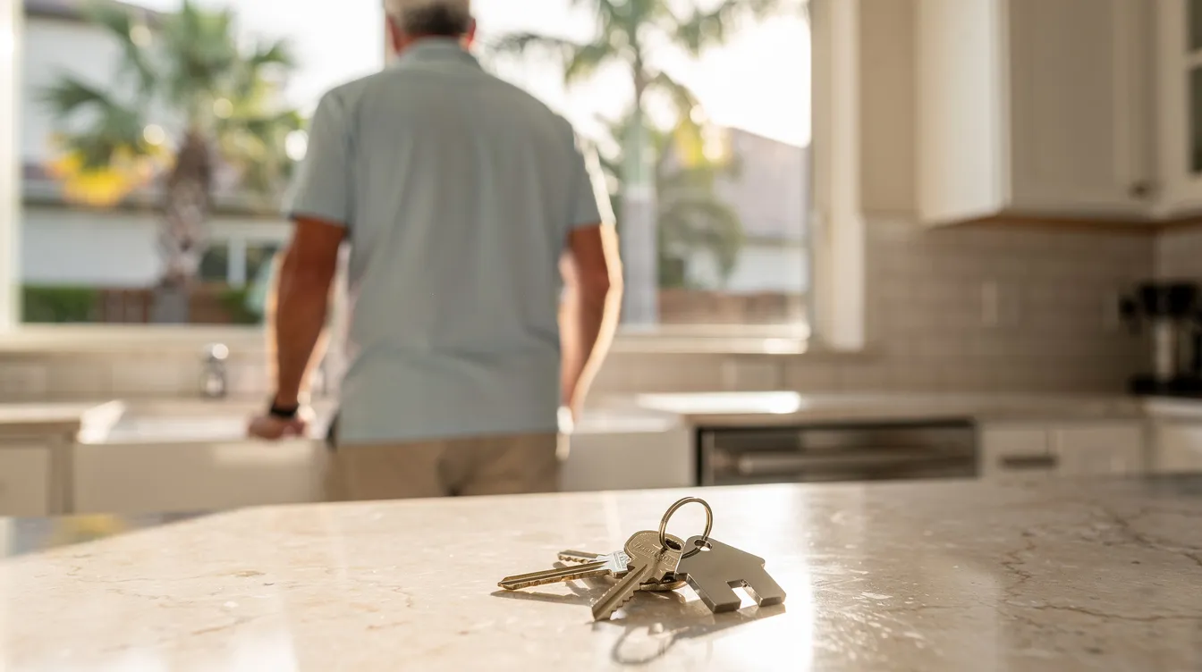 Keys on a kitchen counter with a blurred man in the background near the sink.