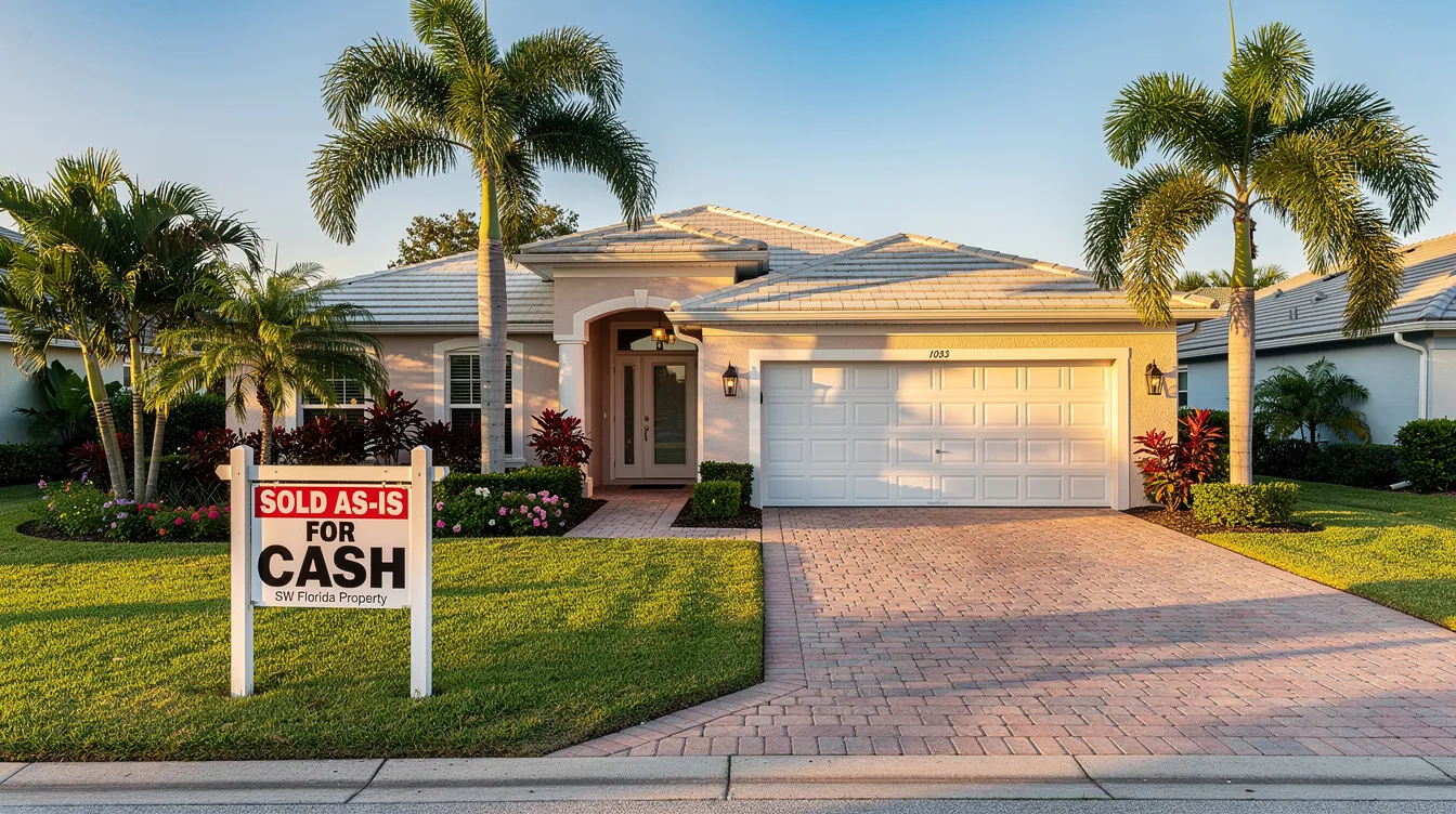 The image depicts a typical Southwest Florida home, showcasing a well-maintained property that could attract cash buyers looking to purchase homes as is. With its inviting exterior, this house represents a straightforward sale option for those seeking a fair cash offer without the hassle of extensive repairs or hidden fees.