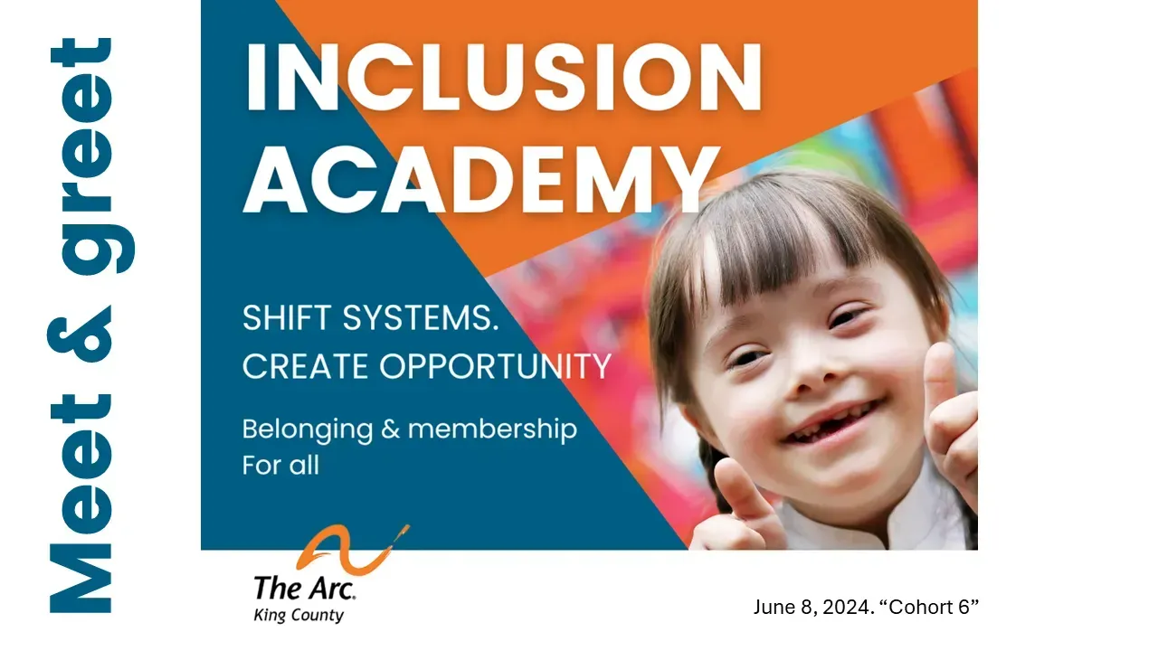Promotional graphic for Inclusion Academy featuring a smiling child with Down syndrome and the tagline