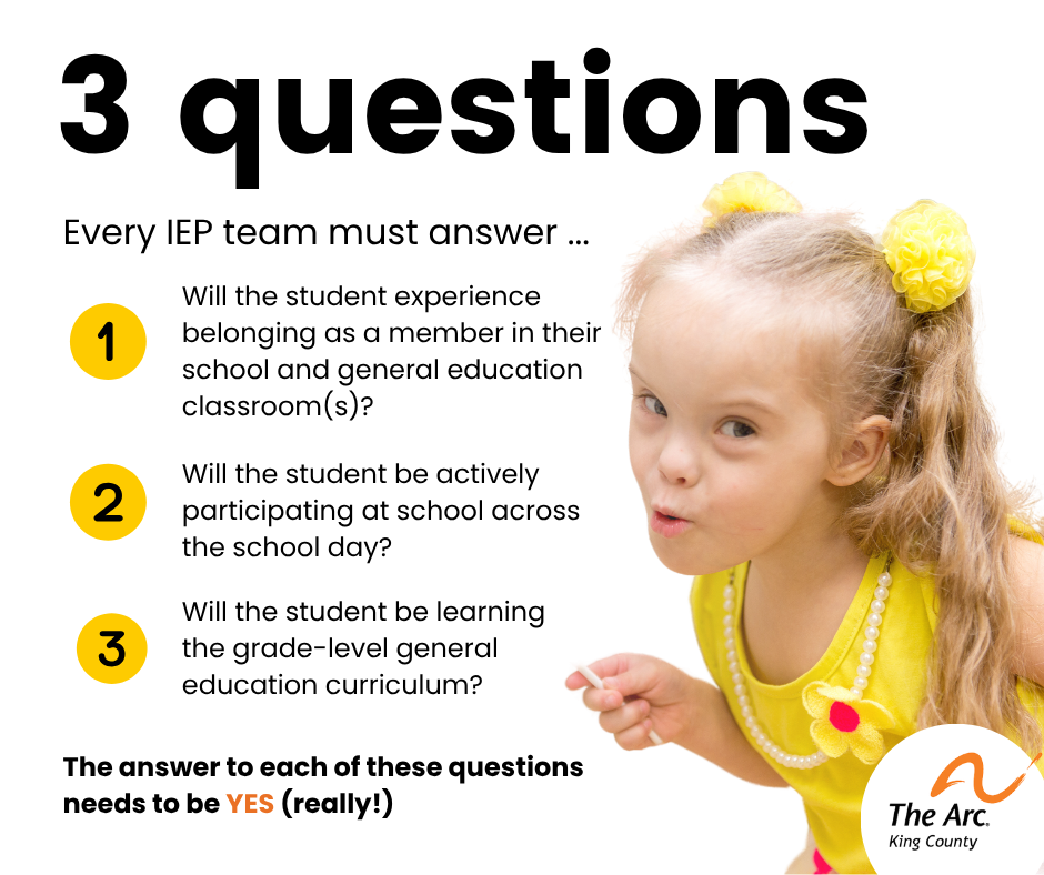 Young girl in yellow. Text: 3 questions every IEP team must answer ... 1) will the student experience belonging as a member in their school and general education classroom? 2) Will the student be actively participating at school across the school day? 3) Will the student be learning the grade-level general education curriculum? The answer to each of these questions needs to be yes (really!)