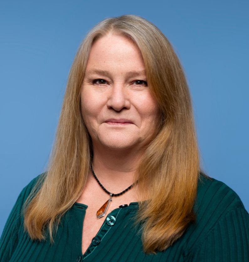 Woman with long hair.