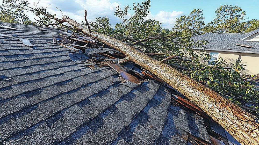 A tree trunk lies across a damaged asphalt shingle roof.