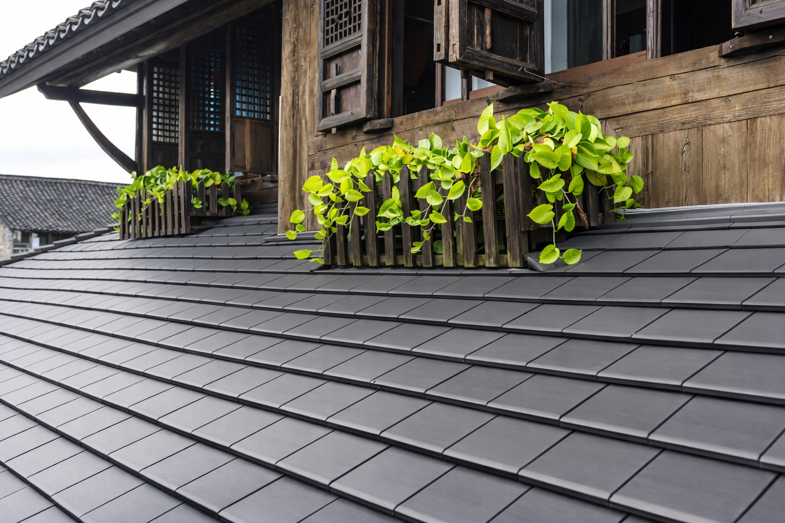 Black tiled roof with greenery box next to a weathered wooden window on a historic building.