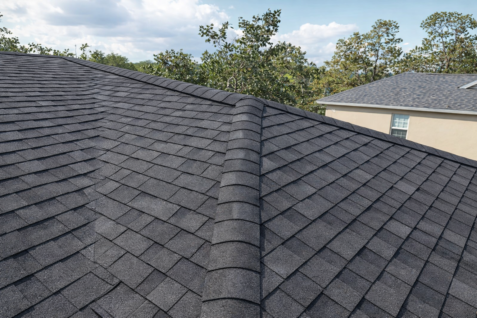 Dark gray asphalt shingle roof, close up view from above, with trees and a light-colored house in the background.