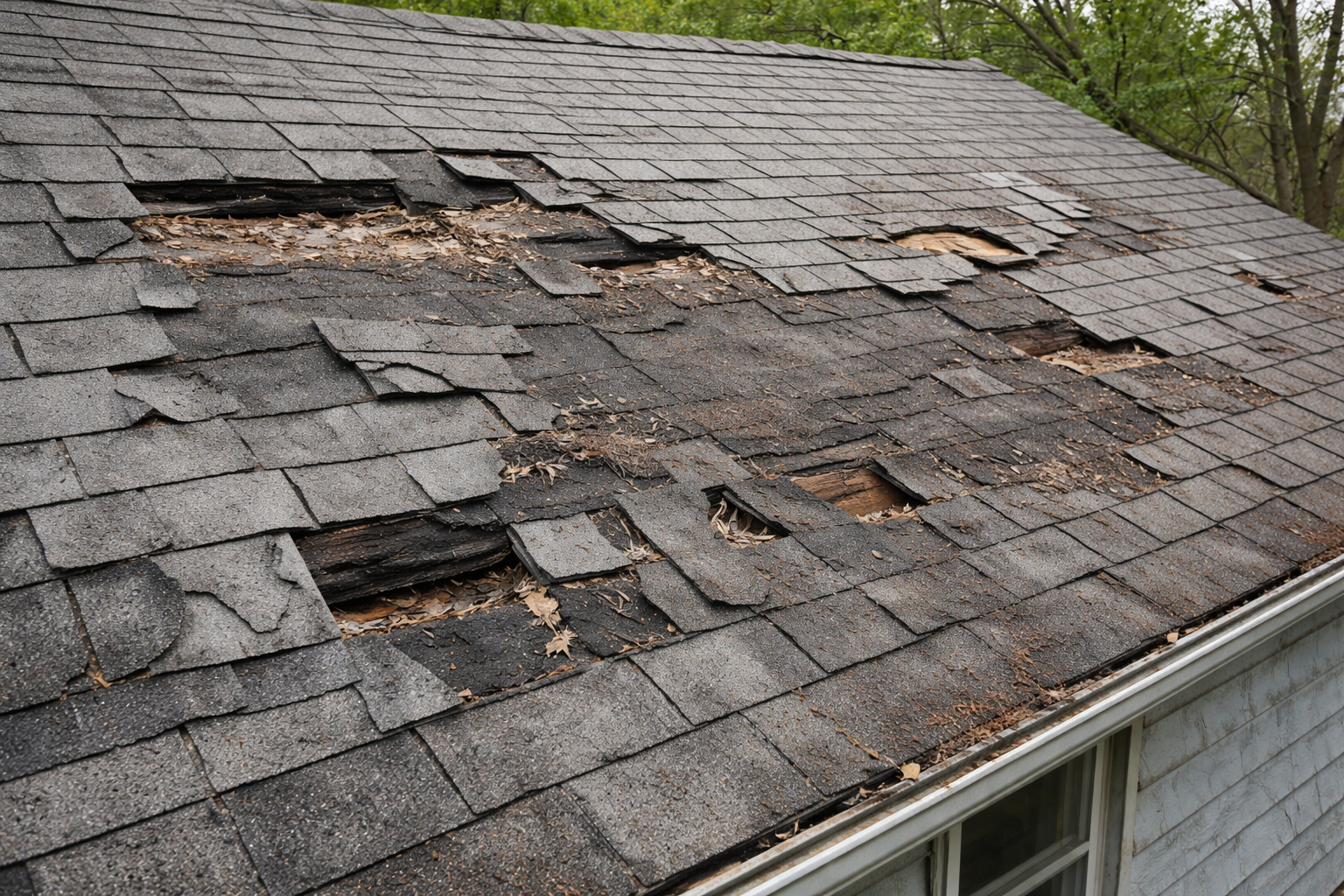 Damaged asphalt shingle roof with missing and torn shingles.