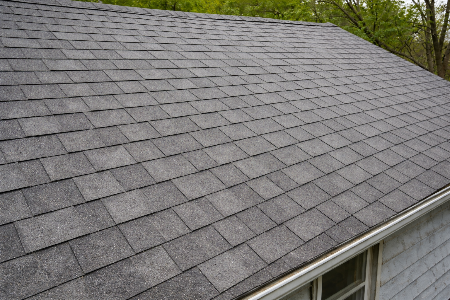 Gray asphalt shingle roof, angled view, with visible wear and tear.