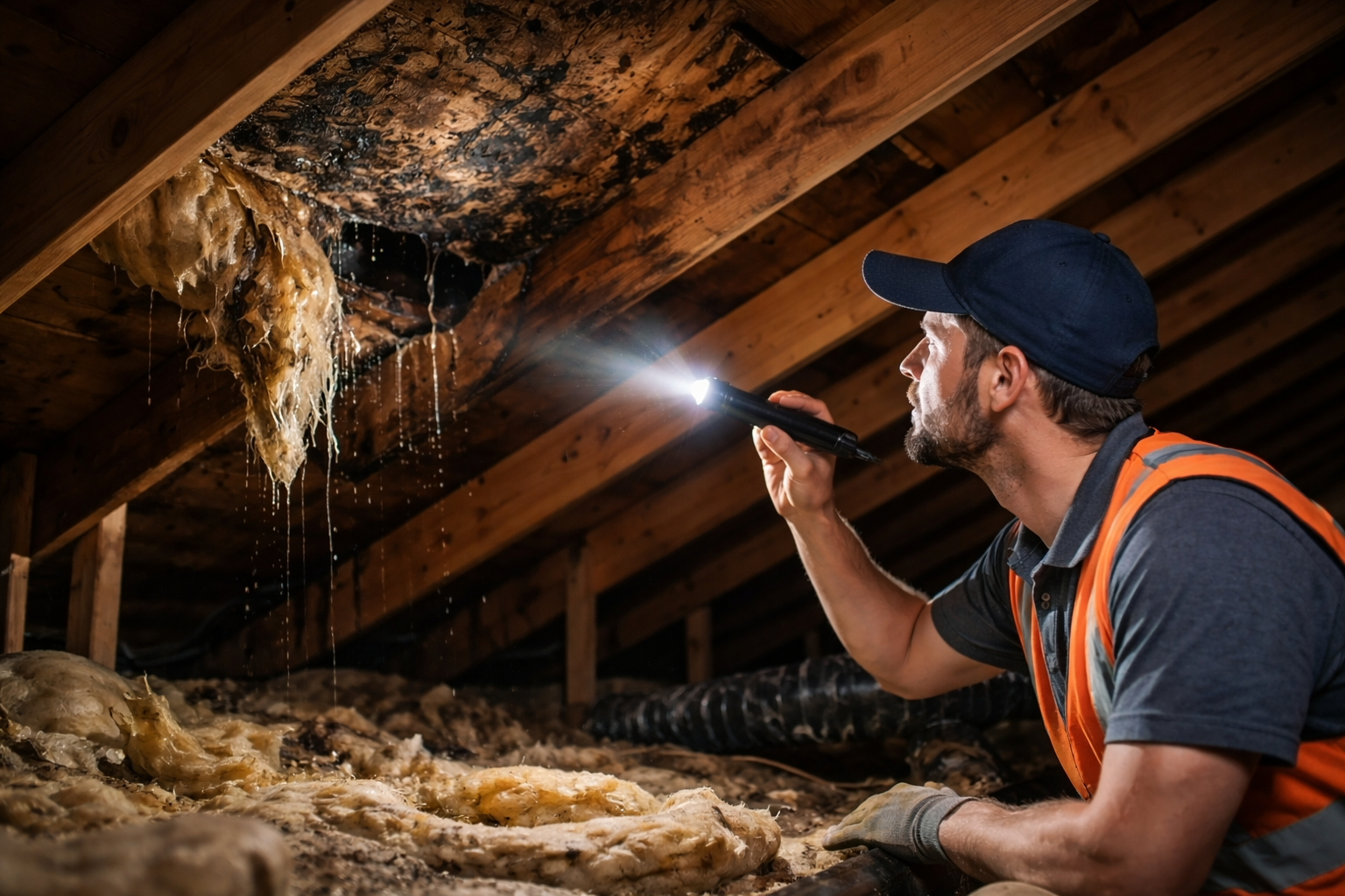 Man in safety vest inspects attic damage with a flashlight. Mold, water damage, and insulation are visible.