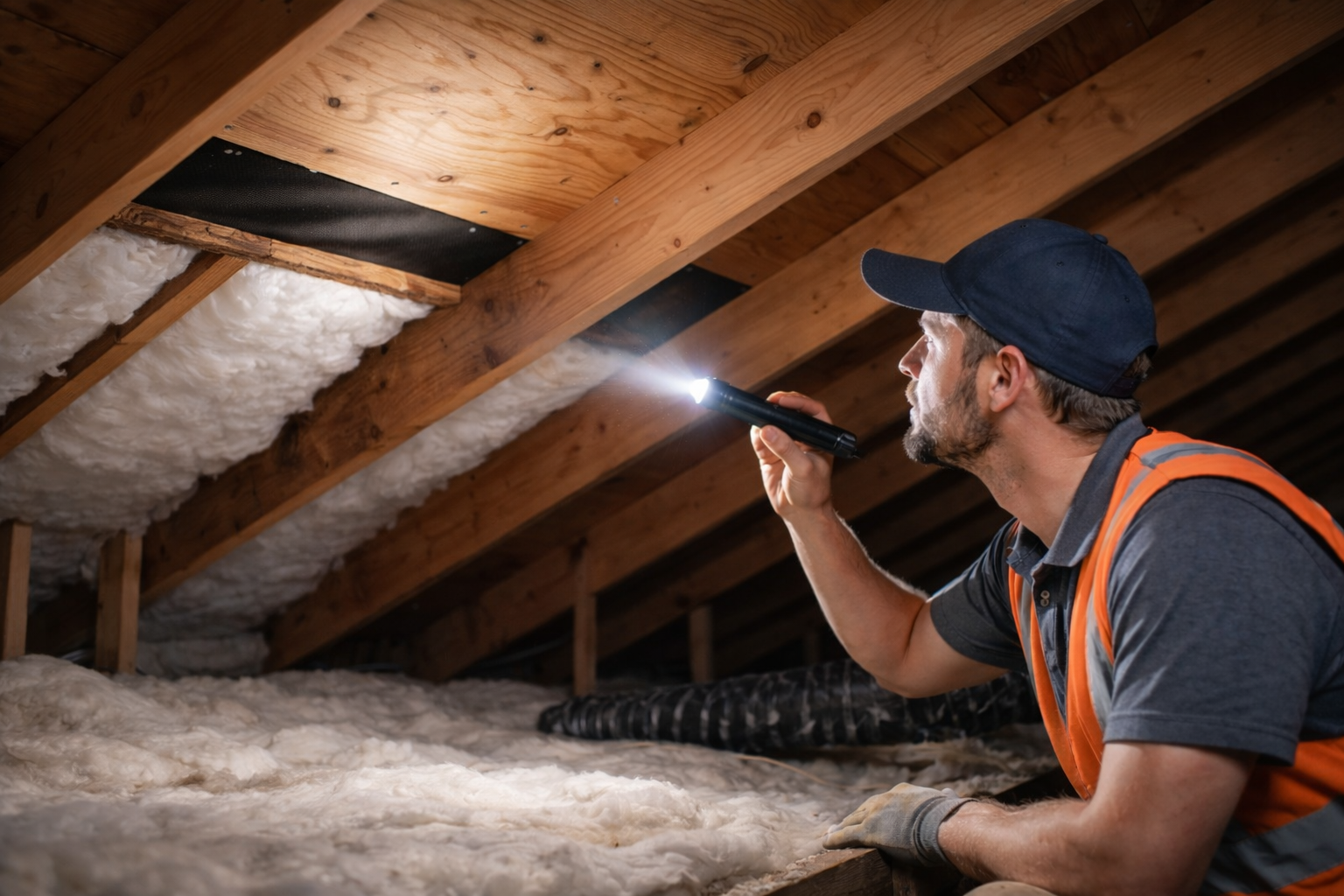 Man in a cap and vest inspects an attic with a flashlight, looking for damage or pests.