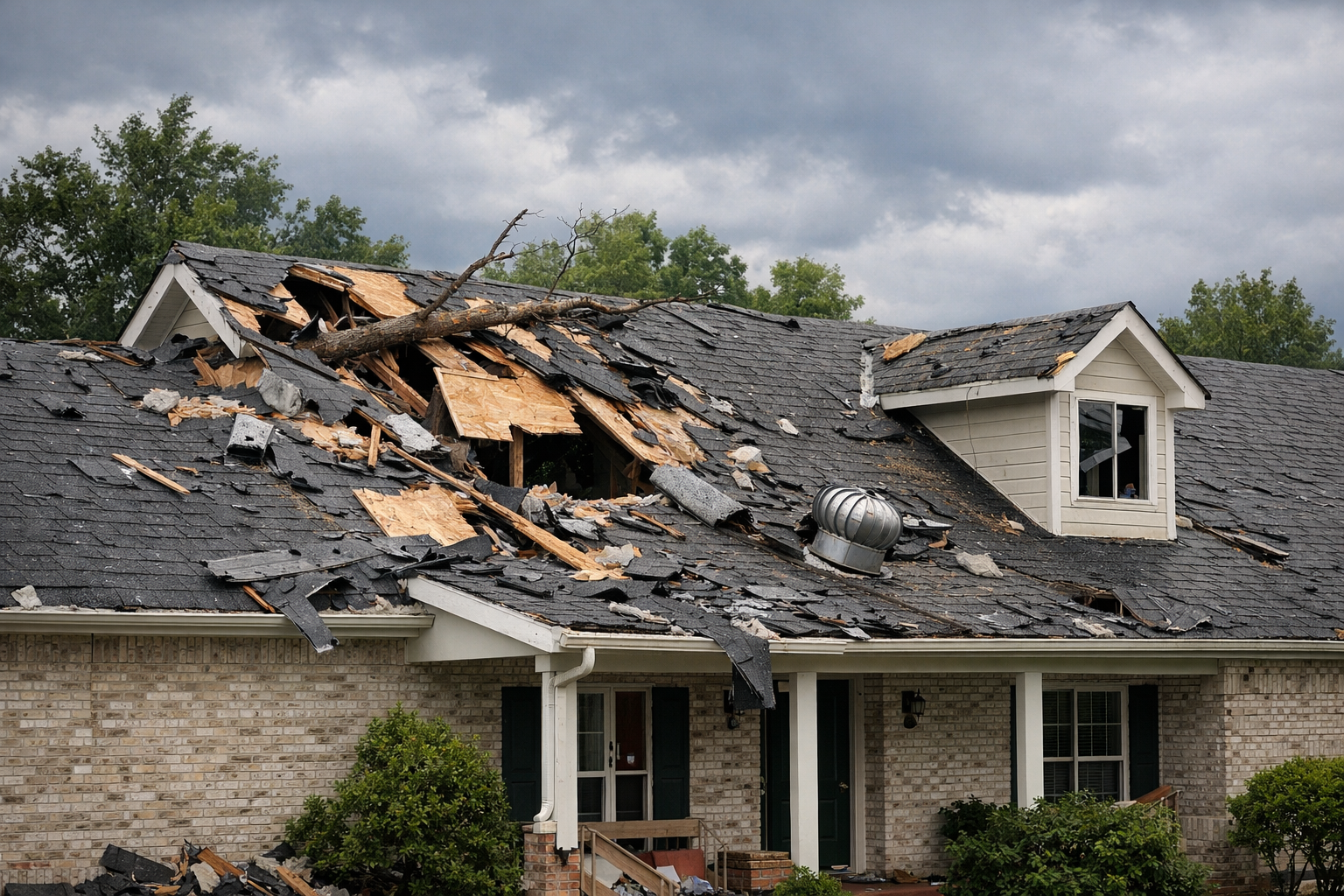 Damaged house roof with missing shingles and a fallen tree branch.