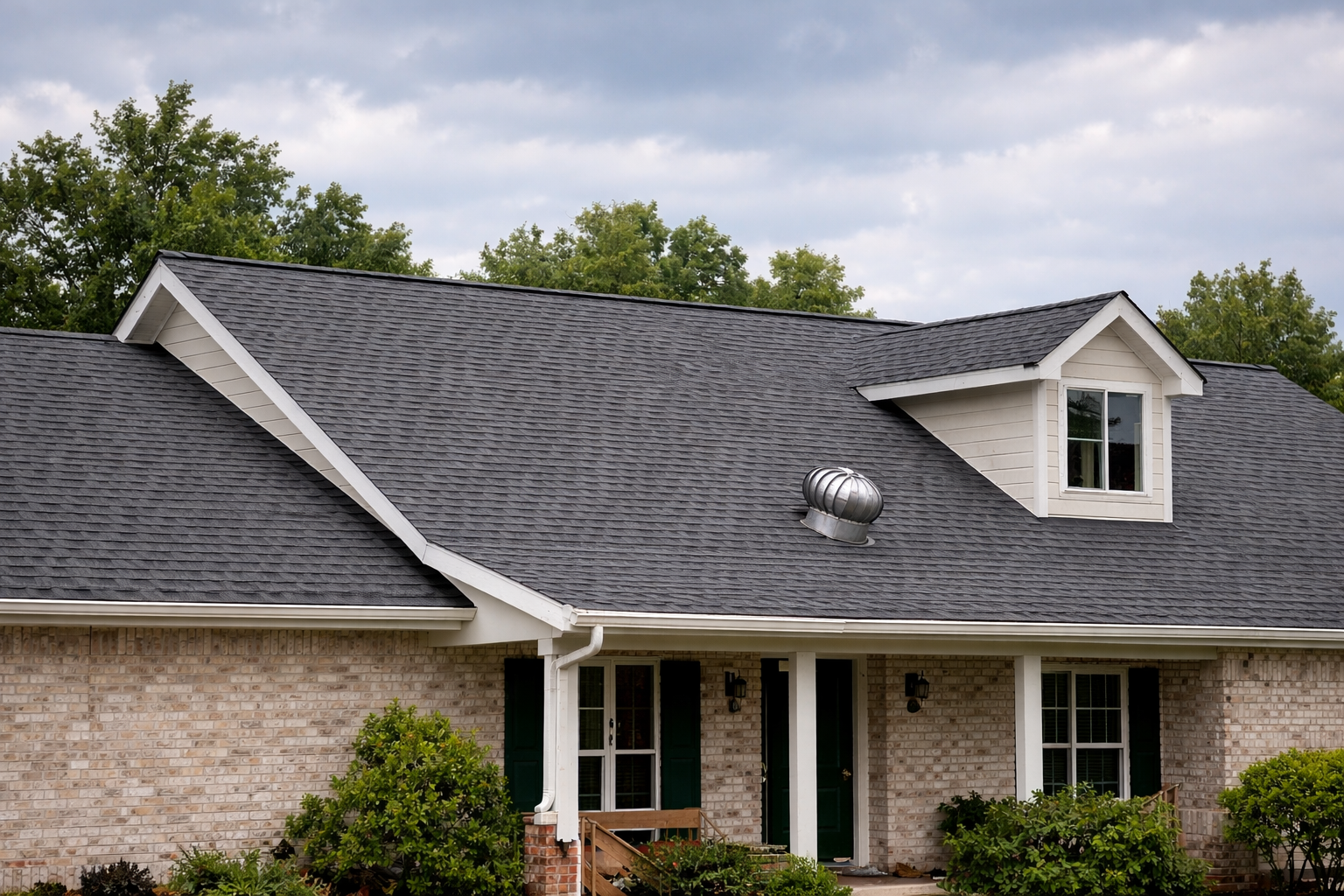 A brick house with a dark shingled roof, dormer window, and white trim against a cloudy sky.