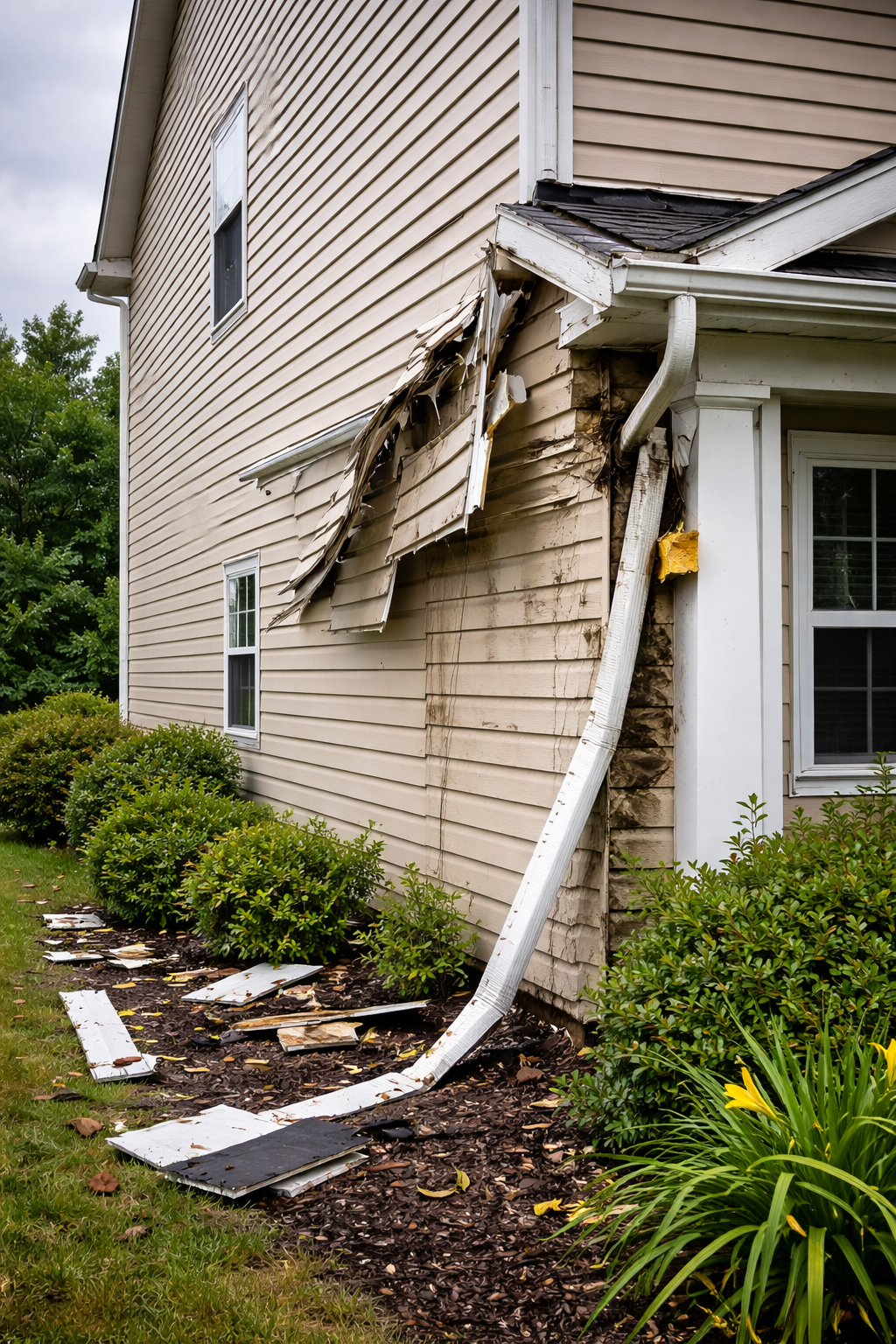 Damaged house siding and gutter, debris on ground; green bushes and cloudy sky.
