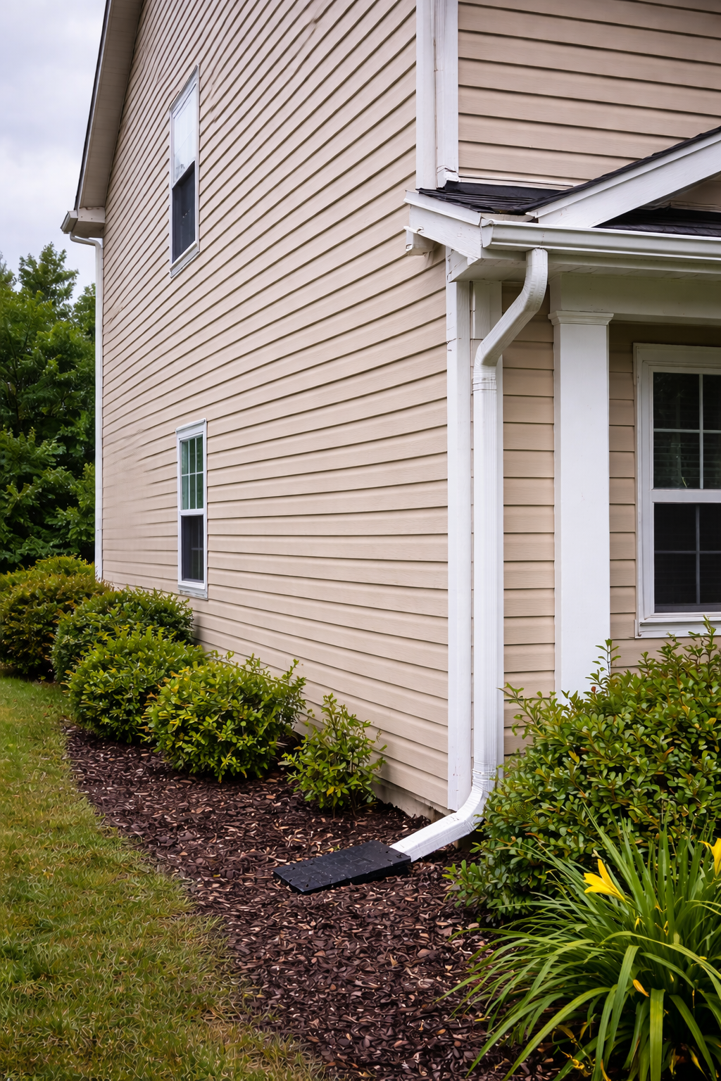 Beige house with white gutters, windows, and bushes, with mulch border and grass lawn.