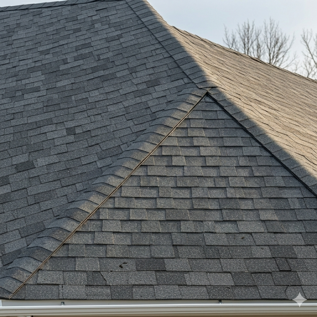 Gray asphalt shingle roof on a house, with a visible ridge line and sunlight.