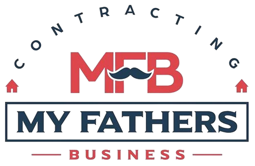 Logo for My Fathers Business Contracting, with red and blue text and a mustache.
