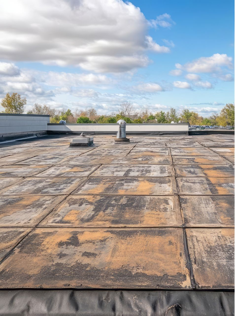 Flat commercial roof with weathered asphalt tiles, vents, and blue sky.