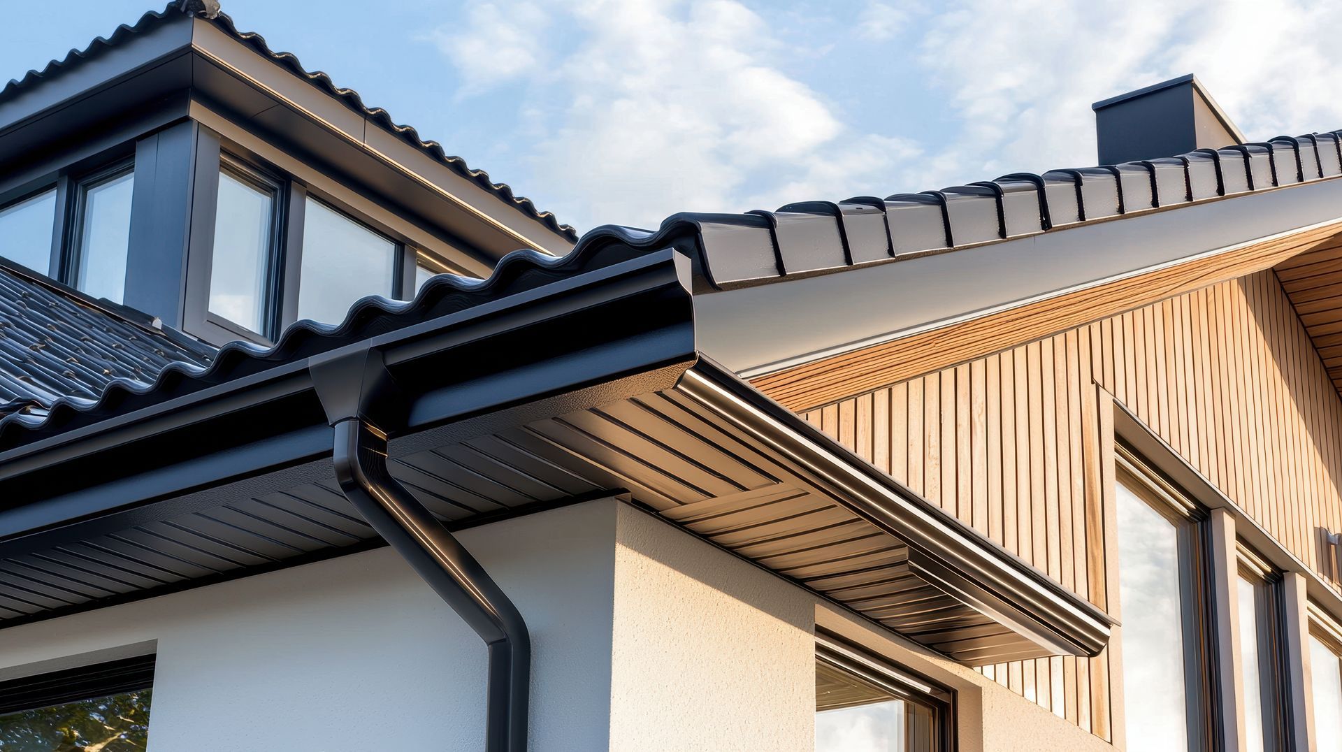 Black roof and gutters on a modern house with wood siding, against a blue sky.