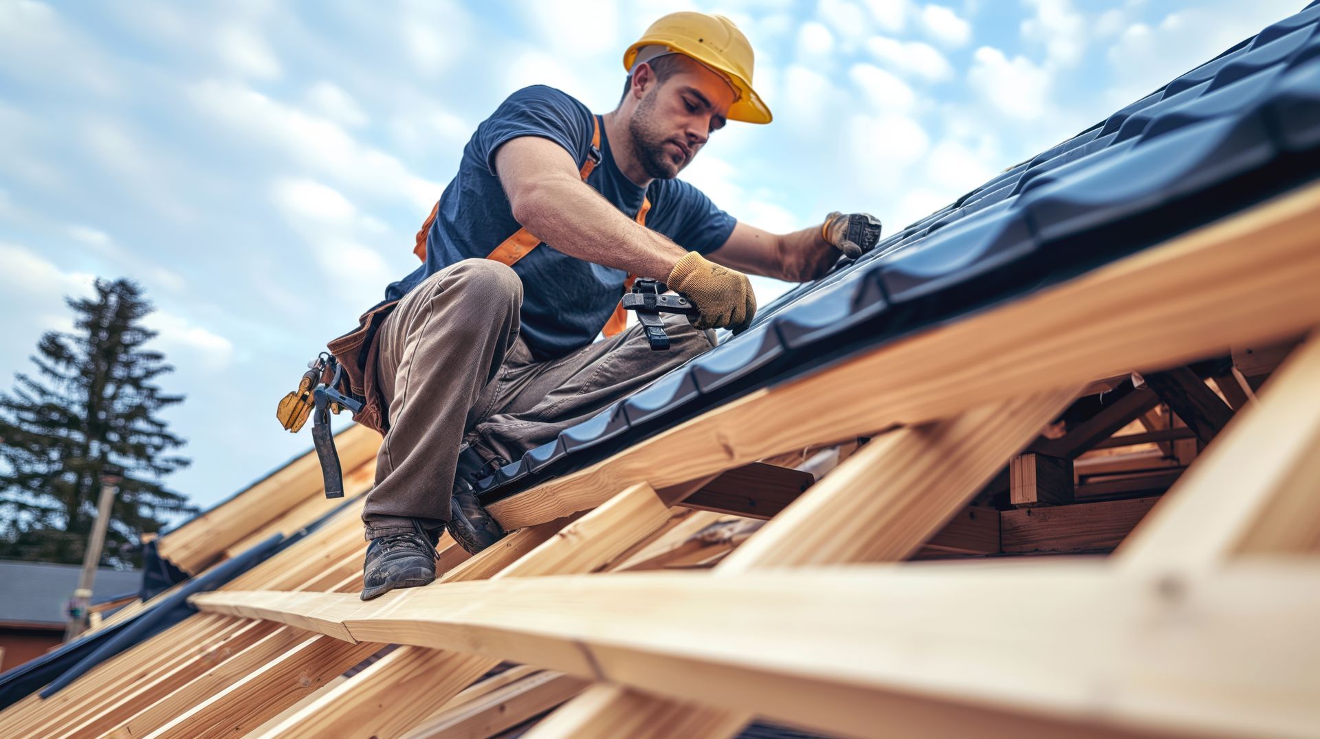 Roofer in hard hat secures black roofing material on wooden rafters against a cloudy sky.