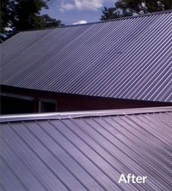 Two sections of corrugated metal roofing. Top section shows cleaned roof. Bottom section is before cleaning.