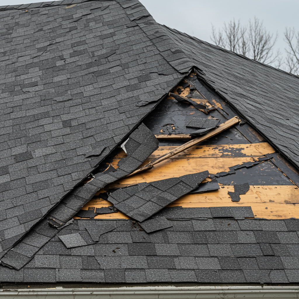 Damaged asphalt shingle roof. Missing shingles reveal wooden support, possibly weather damage.