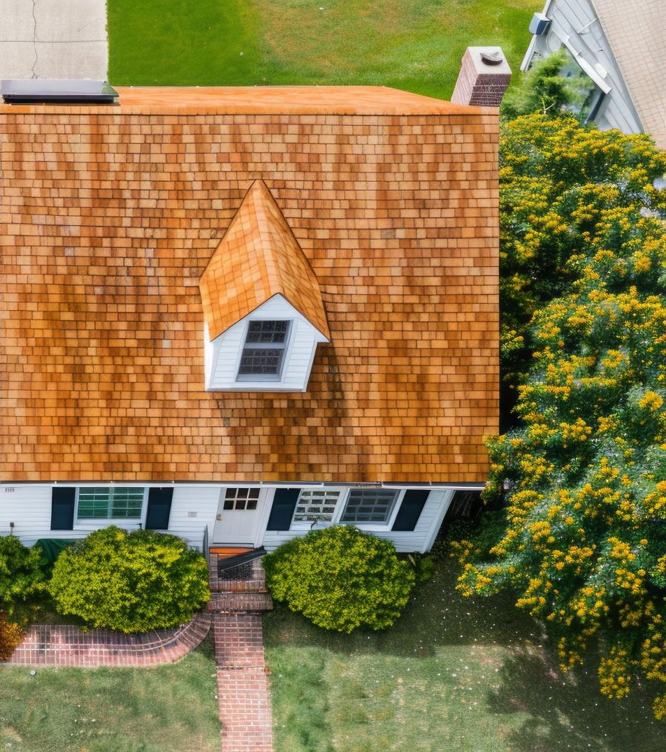 Overhead view of a house with a brown shingle roof, dormer, and brick pathway leading to the front door.