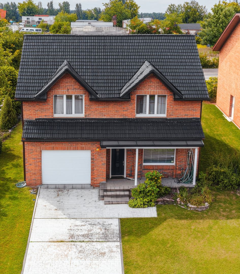 Two-story brick house with a dark roof, white garage door, and a concrete driveway.