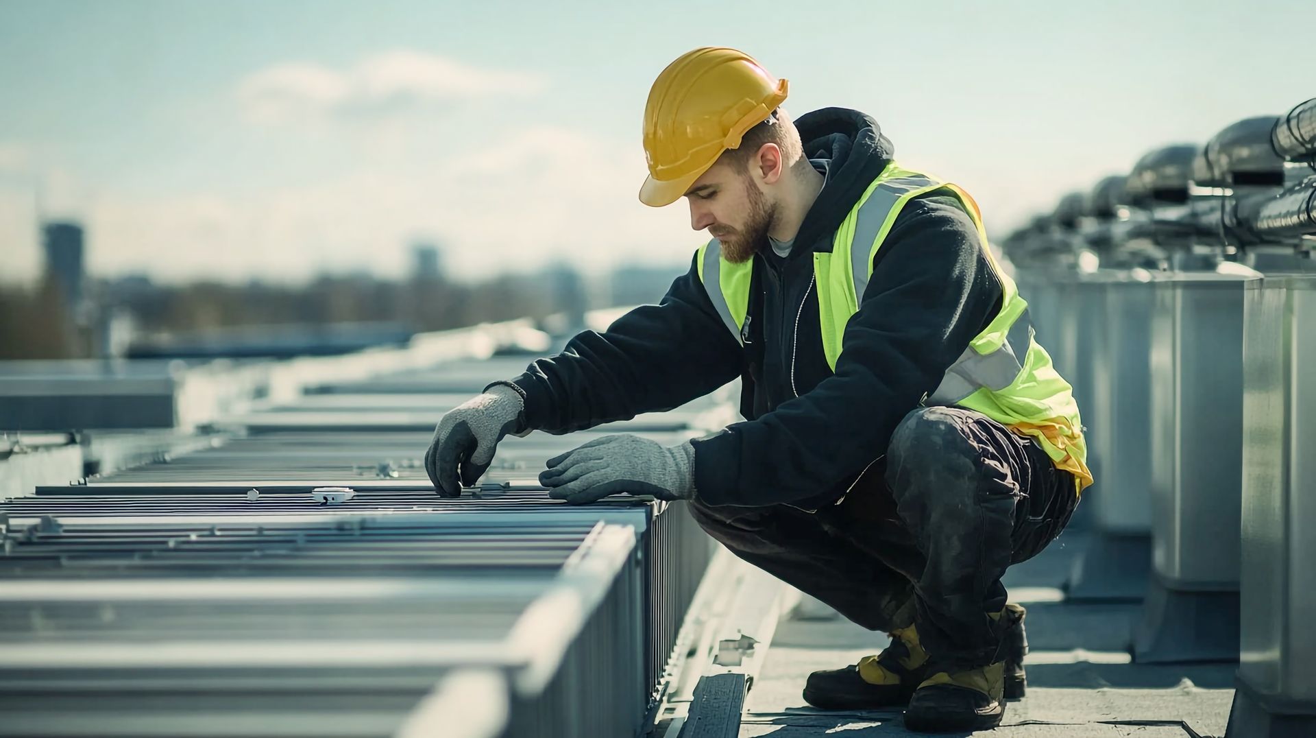 Construction worker on a rooftop in a yellow helmet and safety vest, working on equipment.