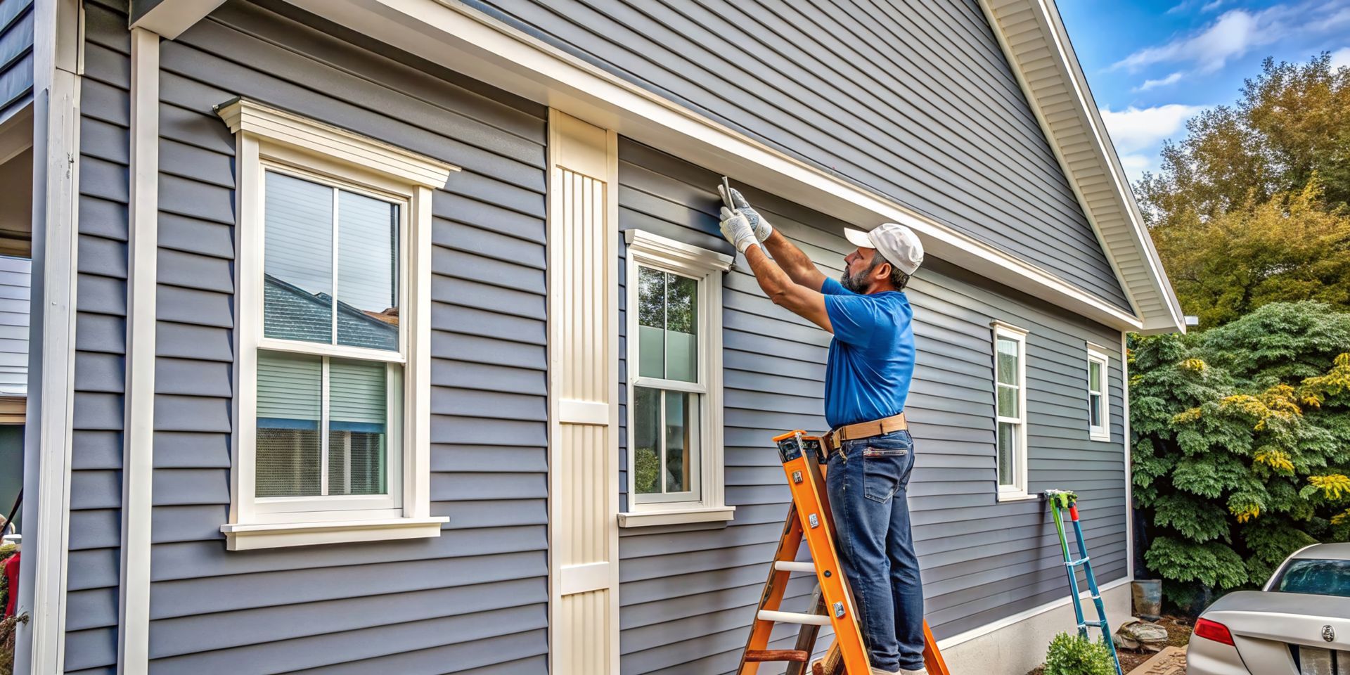 A person paints the trim of a house while standing on a ladder.