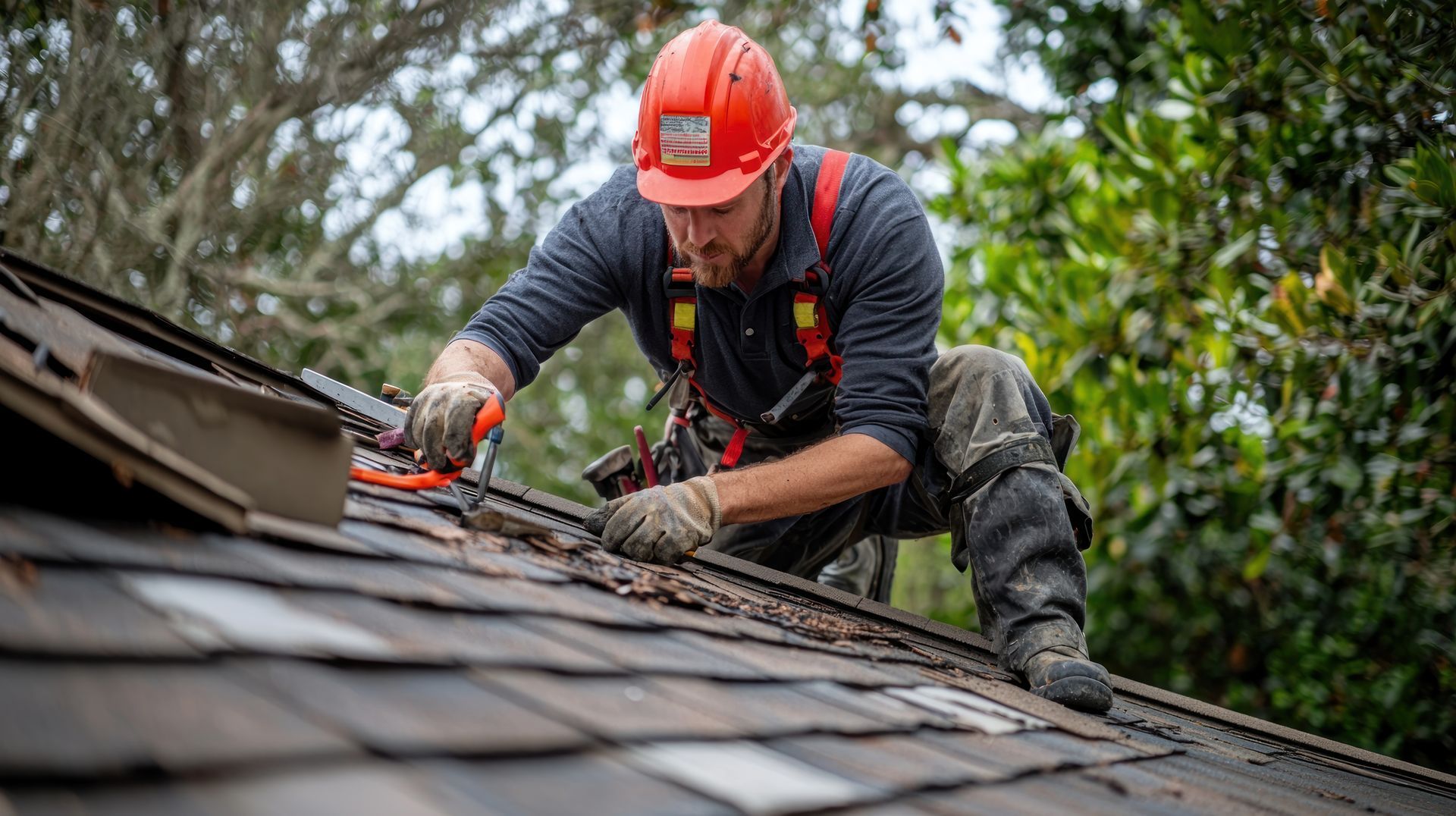 Roofer on a roof wearing safety gear, replacing shingles.