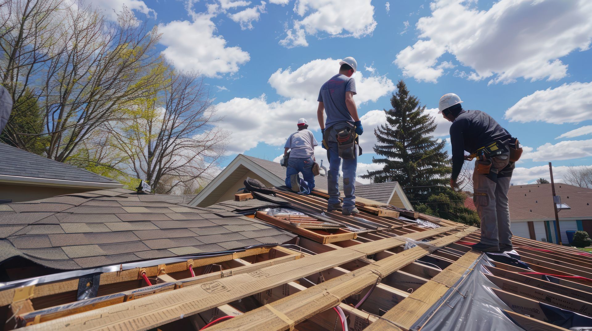 Roofers working on a residential roof under a cloudy blue sky.