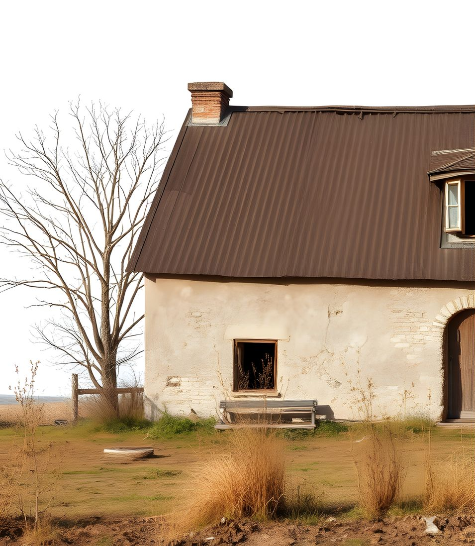 Old beige building with brown roof and bare tree in a field.