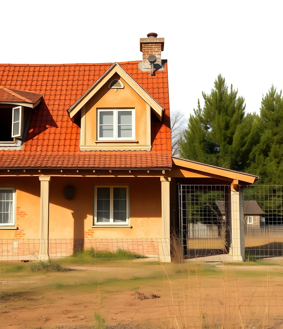 Orange-toned house with red tiled roof, small porch, and brick chimney; next to trees and fence.