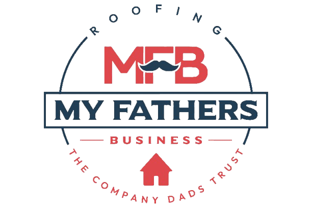 Logo for My Fathers Business roofing, a red MFB with a mustache above, in a circle with text.