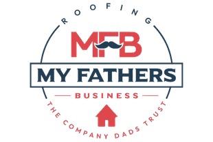 Logo for My Fathers Business roofing, a red MFB with a mustache above, in a circle with text.