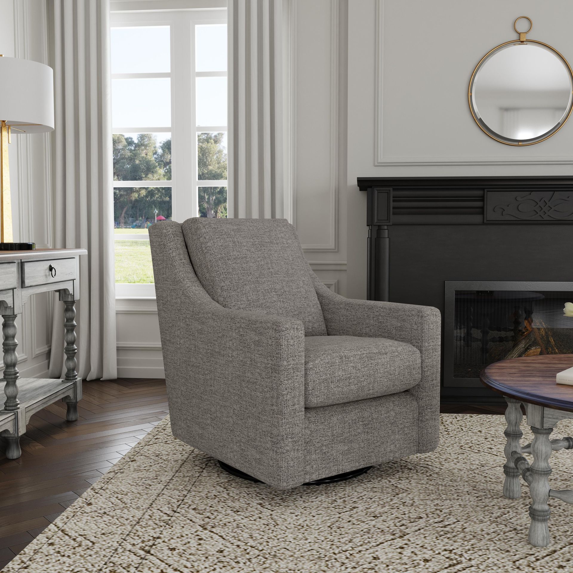 Cozy living room with gray swivel chair, window, fireplace, table, lamp, and rug.