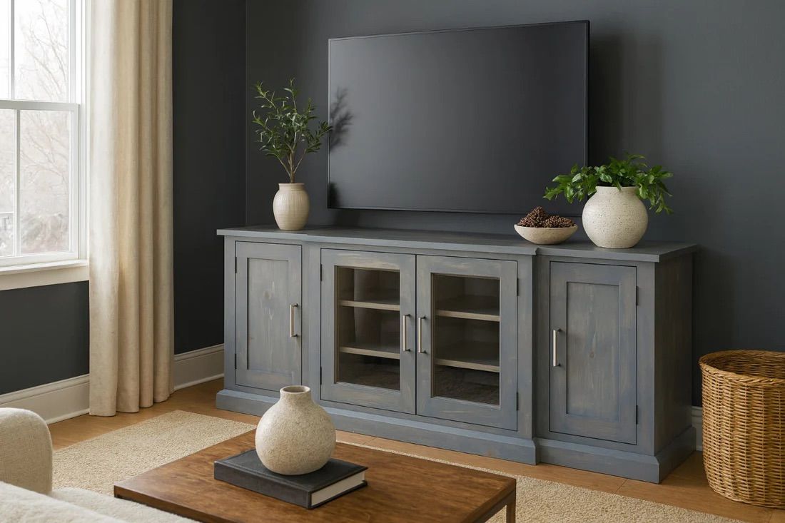 Gray TV console with a TV mounted on a dark blue wall in a living room; vases on top, window on the left.