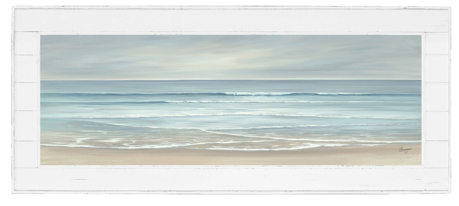Calm ocean scene; blue water, tan beach, cloudy sky, framed in white.
