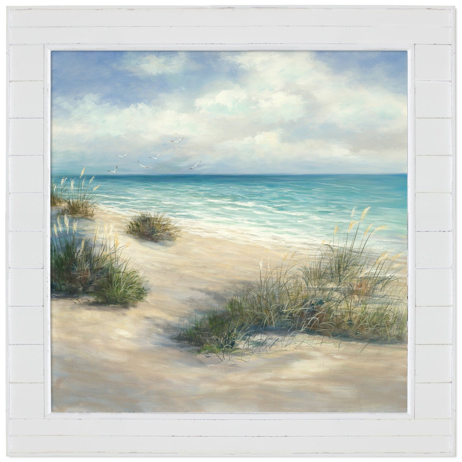 Sandy beach scene with blue-green ocean and sky, framed in white. Sea grass and clouds present.