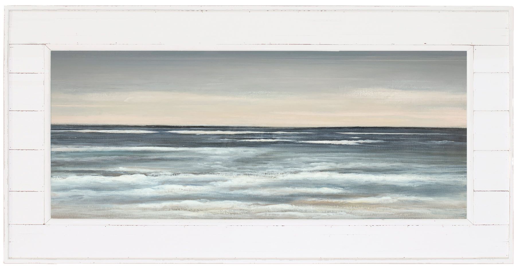 Ocean landscape painting, horizontal with white frame. Shades of blue, gray and beige dominate.