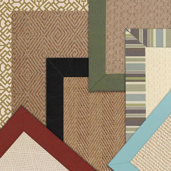 Collection of rugs with various textures and border colors.