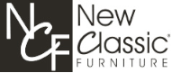 Logo for New Classic Furniture; black and white text. NCF in a box. Text reads New Classic Furniture.