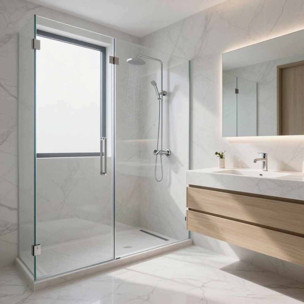 Salle de bains moderne avec douche à l'italienne en verre, robinetterie argentée et meuble-lavabo en bois avec miroir sur marbre blanc.