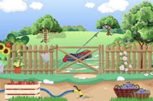 A cartoon illustration of a garden with a fence and a hose.