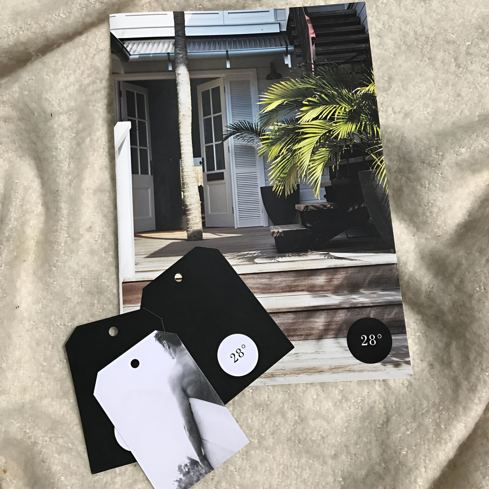 Postcard and Tags, Showing a Tropical House with Open Doors. Black and White Tags — Digi Print Pro in Byron Bay, NSW