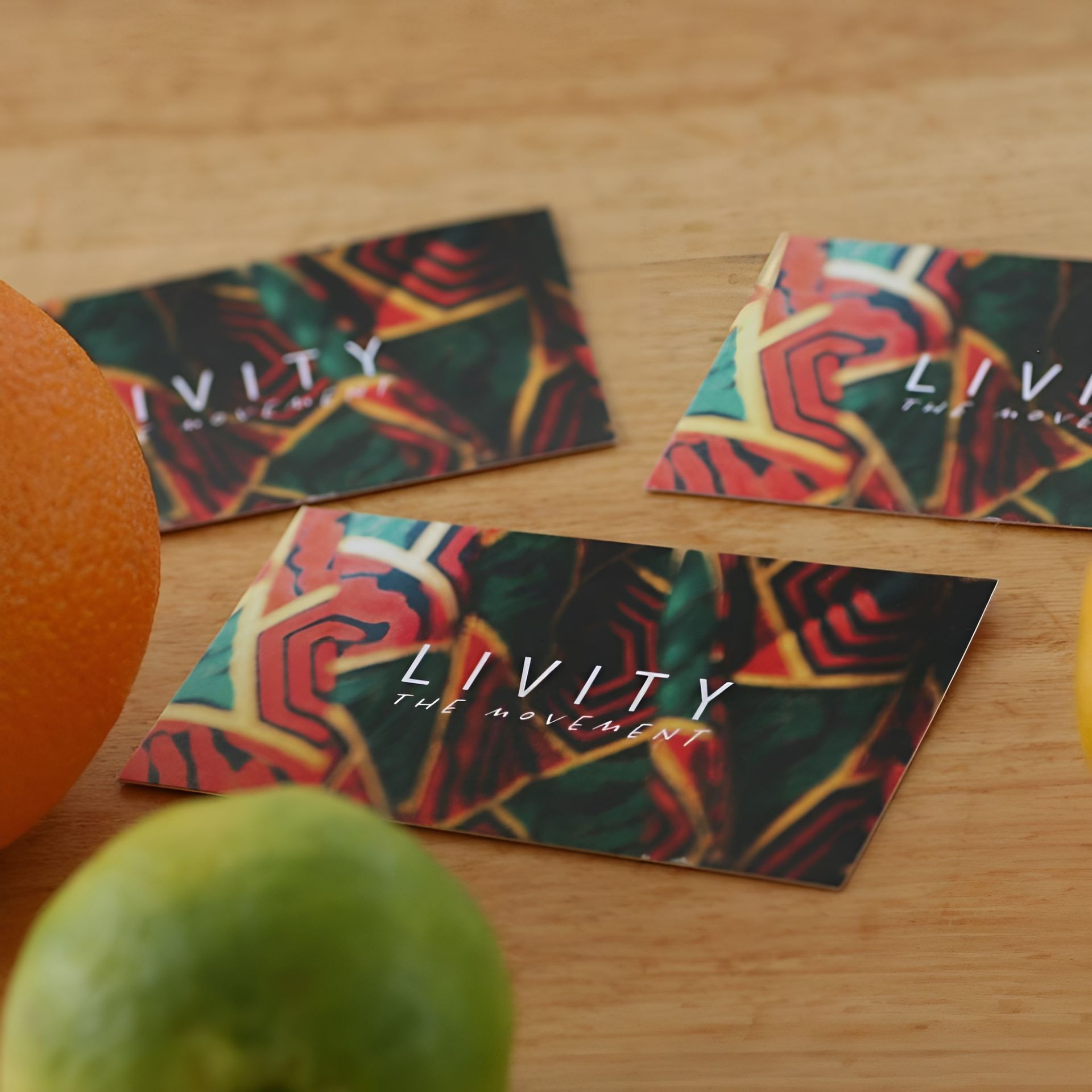 Business Cards with Abstract Design, Near Fruit on Wooden Surface — Digi Print Pro in Byron Bay, NSW