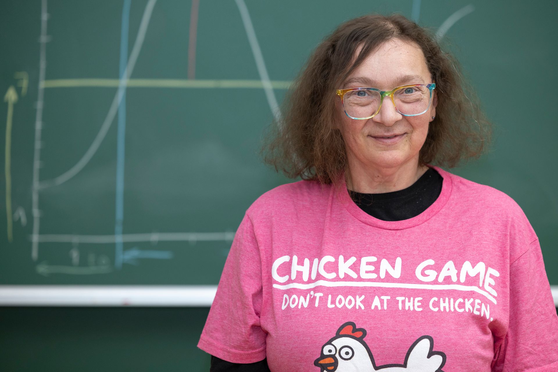 Person in einem pinkfarbenen T-Shirt steht vor einer grünen Tafel mit einem eingezeichneten Diagramm.