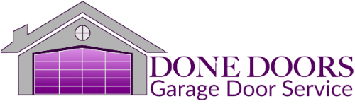 Logo for Done Doors Garage Door Service featuring a gray house icon with a purple paneled garage door.