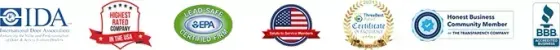 A row of seven circular and rectangular logos representing various industry certifications and awards.