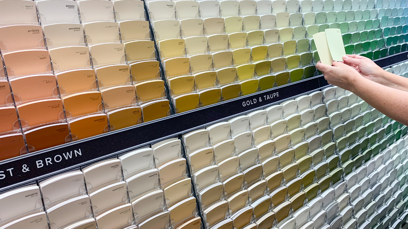 Hand holding a pale green paint swatch over a wall of color sample cards in a paint store