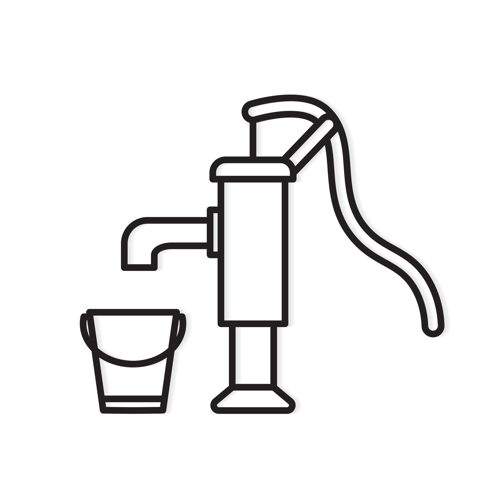 Hand water pump with bucket black and white.